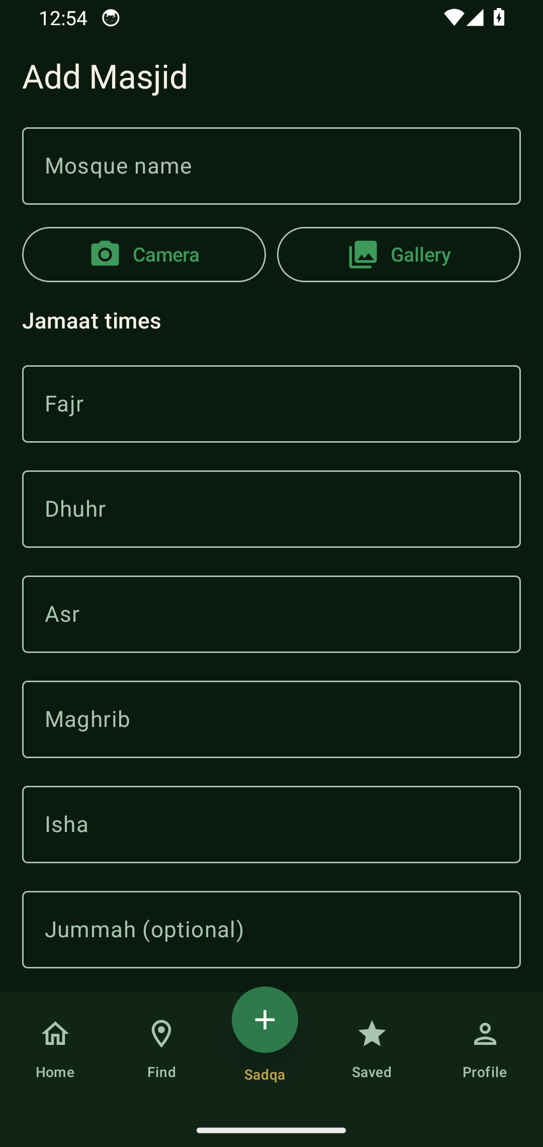Add Masjid screen with camera, gallery and prayer-time fields
