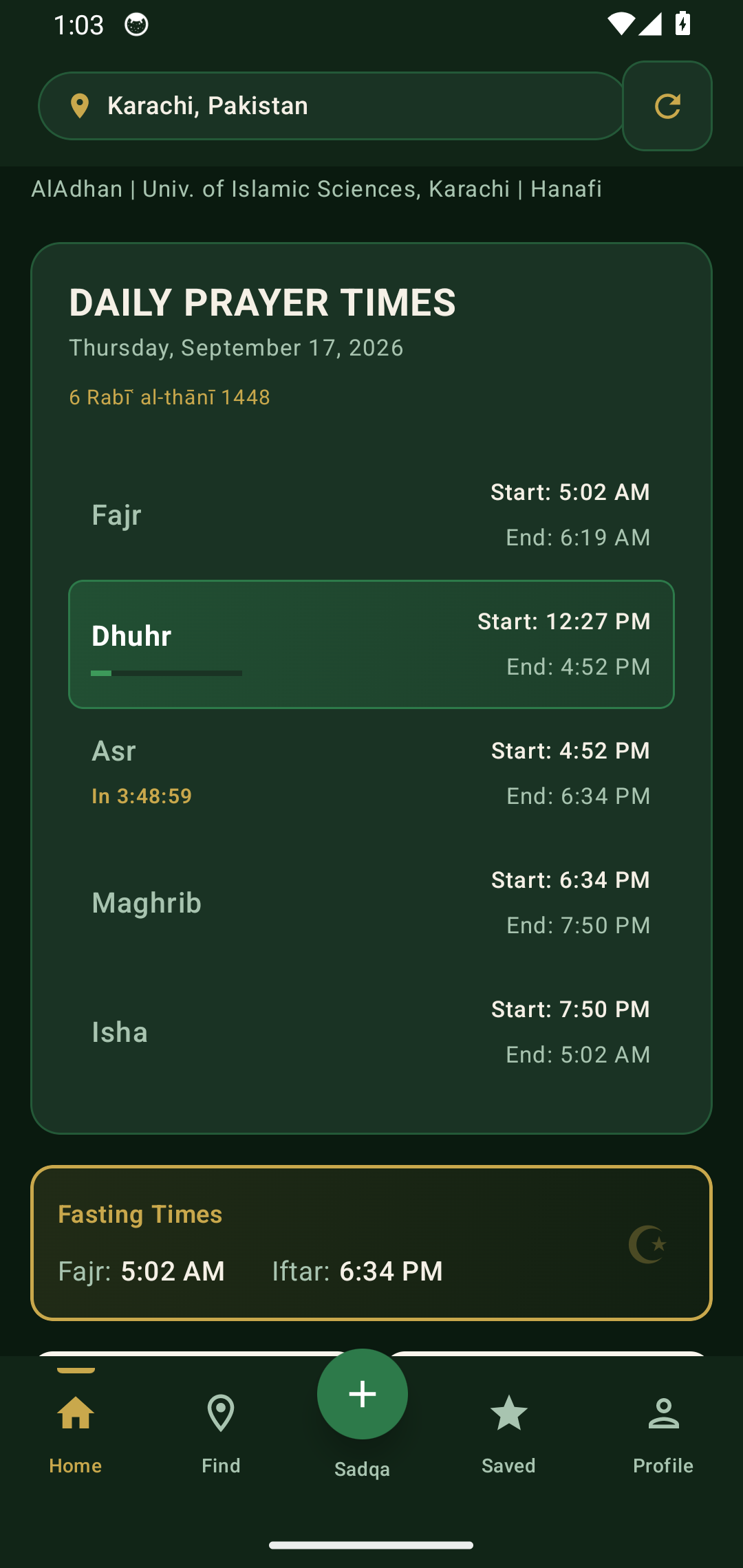 Jamaat Finder home screen showing Karachi prayer times