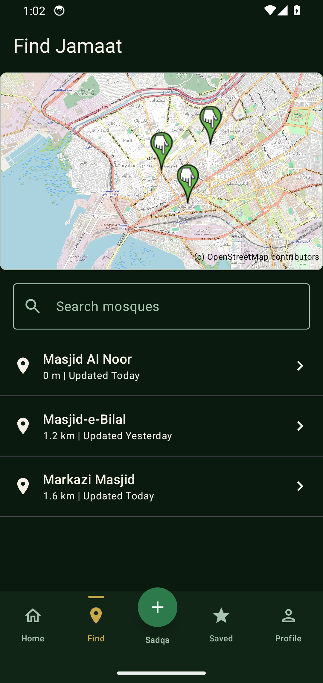 Jamaat Finder nearby Masjid map with three Masjid locations