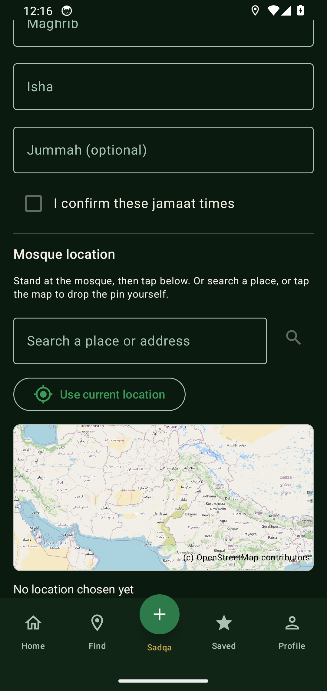 Masjid location section with search, current location and map controls